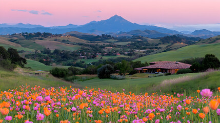 Tuscan sunset, wildflowers, hilltop house, mountain backdrop, travel poster