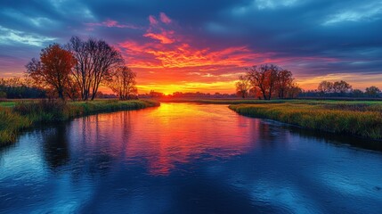 Obraz premium A serene river landscape at sunset, showcasing vibrant colors and nature.