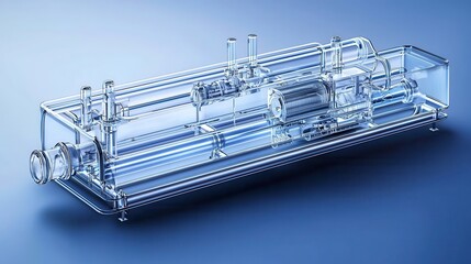 A clear, transparent device resembling laboratory equipment, showcasing intricate tubes and components against a soft blue background.