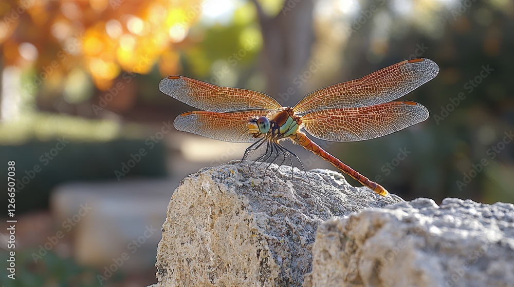 Poster a close-up of a colorful dragonfly resting on a rock in a garden setting.