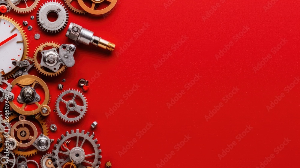 Poster a collection of intricate clock gears and mechanisms against a vibrant red background, showcasing cr