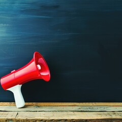 A red megaphone rests on a wooden surface against a dark chalkboard background, symbolizing communication and announcements.
