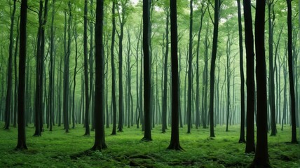 arafed view of a forest with tall trees and green grass