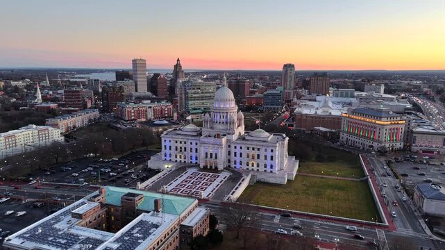 Stock drone footage State Capitol Building in Providence, Rhode Island after sunset with beautiful sky