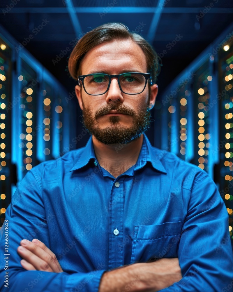 Poster a confident man with glasses stands in a data center, surrounded by illuminated server racks, convey