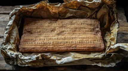 Ancient clay tablet wrapped in aged paper on rustic wood