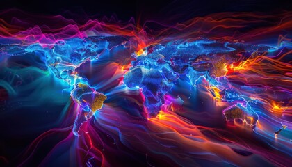 World night view futuristic international telecommunication network, concept about global connection and information, background with colourful dynamic gradient line flows connecting between countries