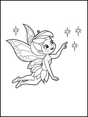 Black and white fairy coloring pages for kids. Children's coloring books with cute cartoon fairy characters, fun and educational materials for kindergarten.
