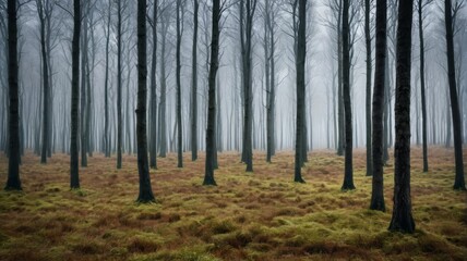 Naklejka premium trees in a foggy forest with a bench in the middle