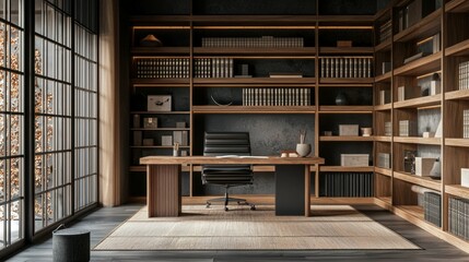 Modern Minimalist Office with Wooden Shelves and Elegant Desk