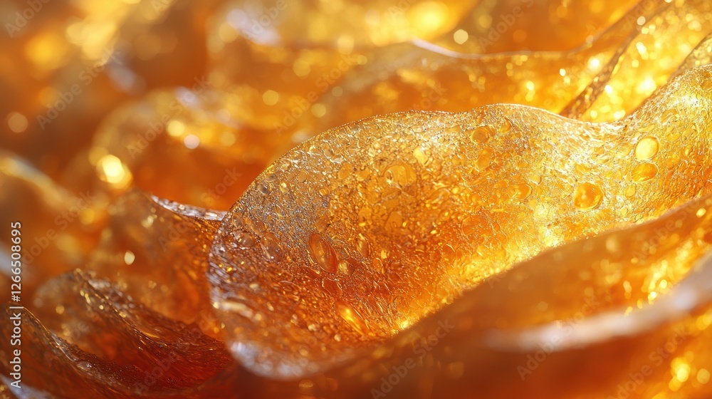 Poster close-up of translucent, amber-like material with bubbles and texture.