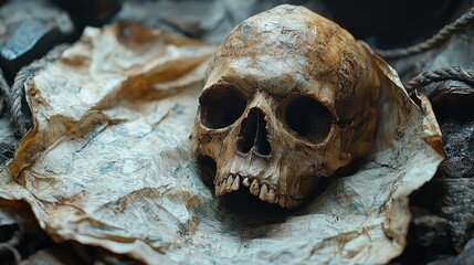 A detailed close-up of an aged human skull resting on crumpled parchment amidst dark textures