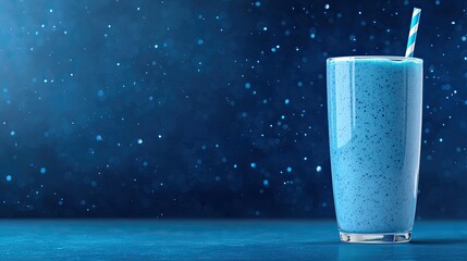 drinks smoothie artisanal concept. Blue smoothie in a glass with a straw against a dark, sparkly background.