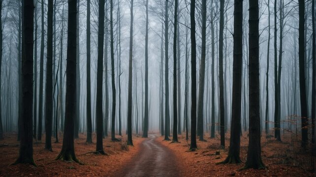 there is a dirt road that is surrounded by tall trees