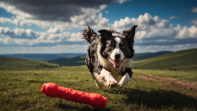A playful dog runs joyfully towards a red toy in a scenic landscape. - Powered by Adobe