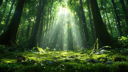 Obraz premium Sunbeams in lush green forest, nature background, peaceful scene, environmental poster
