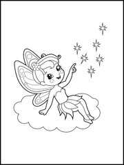 Black and white fairy coloring pages for kids. Children's coloring books with cute cartoon fairy characters, fun and educational materials for kindergarten.
