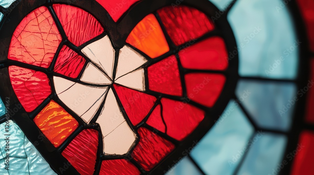 Poster heartbroken rendering concept, broken stained glass window with fractured heart design in vivid colo