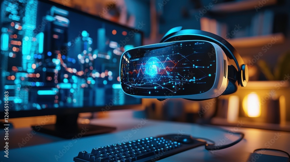 Poster a vr headset floats above a keyboard, set against a glowing monitor displaying digital data and city