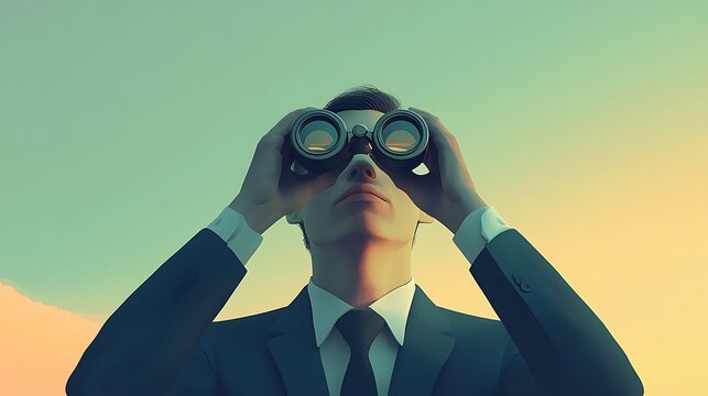 A businessman in a suit uses binoculars to scout opportunities. The image captures determination and vision against a serene background, representing ambition and forward thinking.