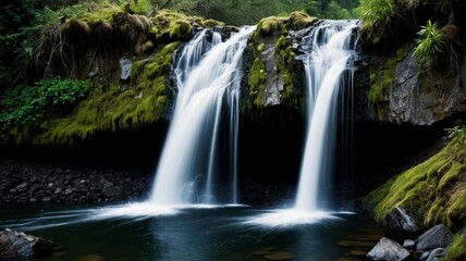 waterfall with moss growing on the rocks and water