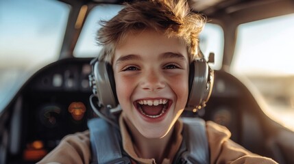 Young boy joyfully piloting an aircraft