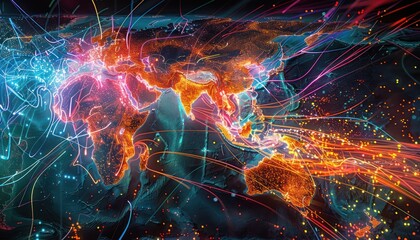 World night view futuristic international telecommunication network, concept about global connection and information, background with colourful dynamic gradient line flows connecting between countries
