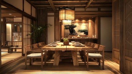 Fototapeta premium Cozy Modern Japanese Dining Room with Wooden Furniture and Atmosphere
