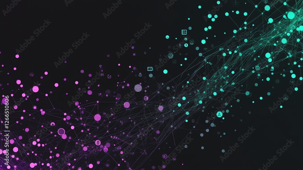Poster abstract network connecting nodes with purple and teal gradient background