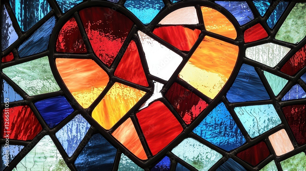 Poster heartbroken rendering concept, fractured heart design in stained glass window with colorful patterns