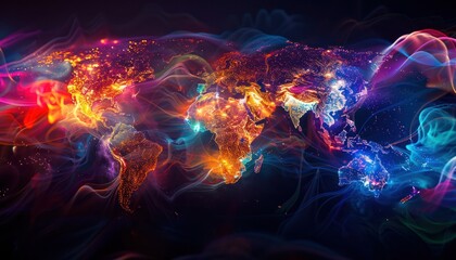 World night view futuristic international telecommunication network, concept about global connection and information, background with colourful dynamic gradient line flows connecting between countries