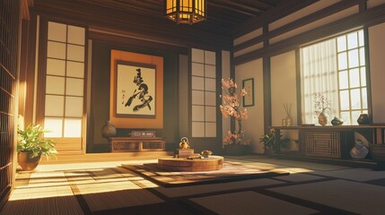 Serene Traditional Japanese Interior with Natural Light and Decor