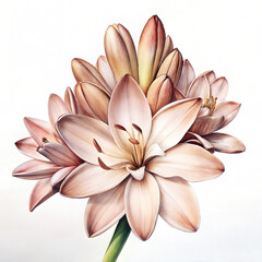 Fototapeta premium Tuberose flowers in soft pink hues, detailed botanical illustration on a white background, copy space