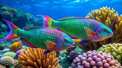 Fototapeta premium Vibrant Rainbow Parrotfish Pair Gracefully Navigating a Lush Coral Reef Ecosystem