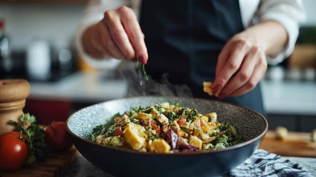A chef preparing a delicious and healthy salad, adding fresh herbs and croutons, in a cozy kitchen setting.