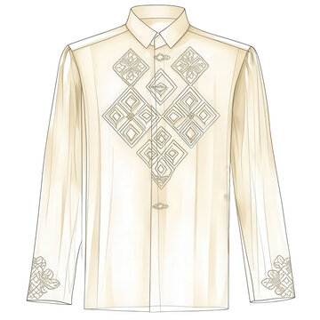 vector-style drawing of a traditional Barong Tagalog, geometric embroidery with diamond shapes, sheer organza material in light cream tone, transparent background, PNG