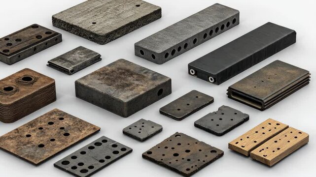 Collection of various shaped blocks made of concrete, wood, and metal on a light background showing industrial materials and design elements