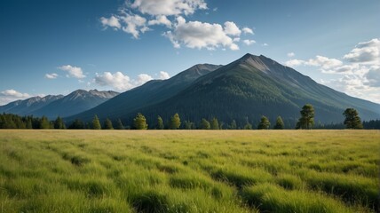 Fototapeta premium mountains in the distance with a grassy field in front of them