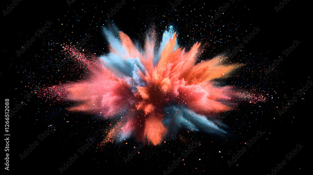 Poster exploding powder creating a colorful burst against black background for creative projects