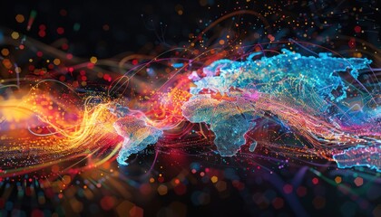 World night view futuristic international telecommunication network, concept about global connection and information, background with colourful dynamic gradient line flows connecting between countries