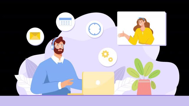 Flat vector animation showing the role of a virtual assistant, with characters using digital assistants like Siri, Alexa, or specialized AI tools to manage schedules, set reminders, and handle tasks.