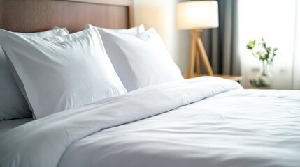 Hotel room, white bedding, sunlight, morning calm, relaxation
