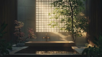 Serene Indoor Bath Area with Natural Light and Greenery Elements
