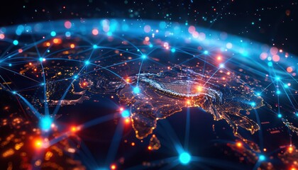 World night view futuristic international telecommunication network, concept about global connection and information, background with colourful dynamic gradient line flows connecting between countries