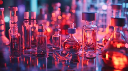 Laboratory glassware with colorful chemical liquid for scientific research, chemistry experiment in progress, science and technology concept background



