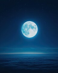 Stunning night sky with a bright full moon illuminating soft clouds under a starry blue background