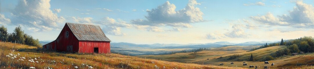 Obraz premium Red barn on a green field with grazing cattle in a picturesque landscape. Generative AI