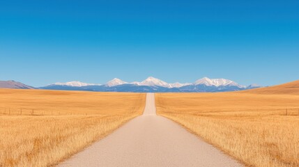 Serene open prairie road leading towards majestic snowcapped mountains under clear blue sky
