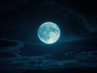 Fototapeta premium Majestic full moon illuminating dark sky with wispy clouds and twinkling stars in a tranquil night landscape