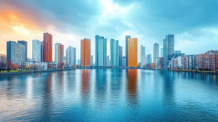 Fototapeta premium A vibrant city skyline reflected in a calm body of water at sunset.